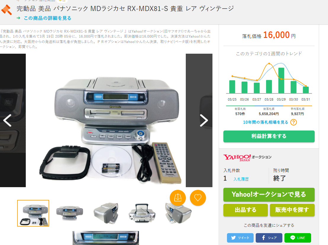 ヤフオク落札 完動品美品 16,000円