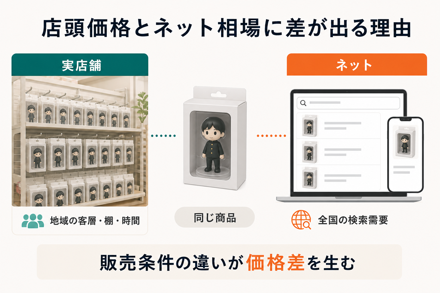実店舗とネットでは販売条件が異なるため、同じ商品でも価格差が生まれる